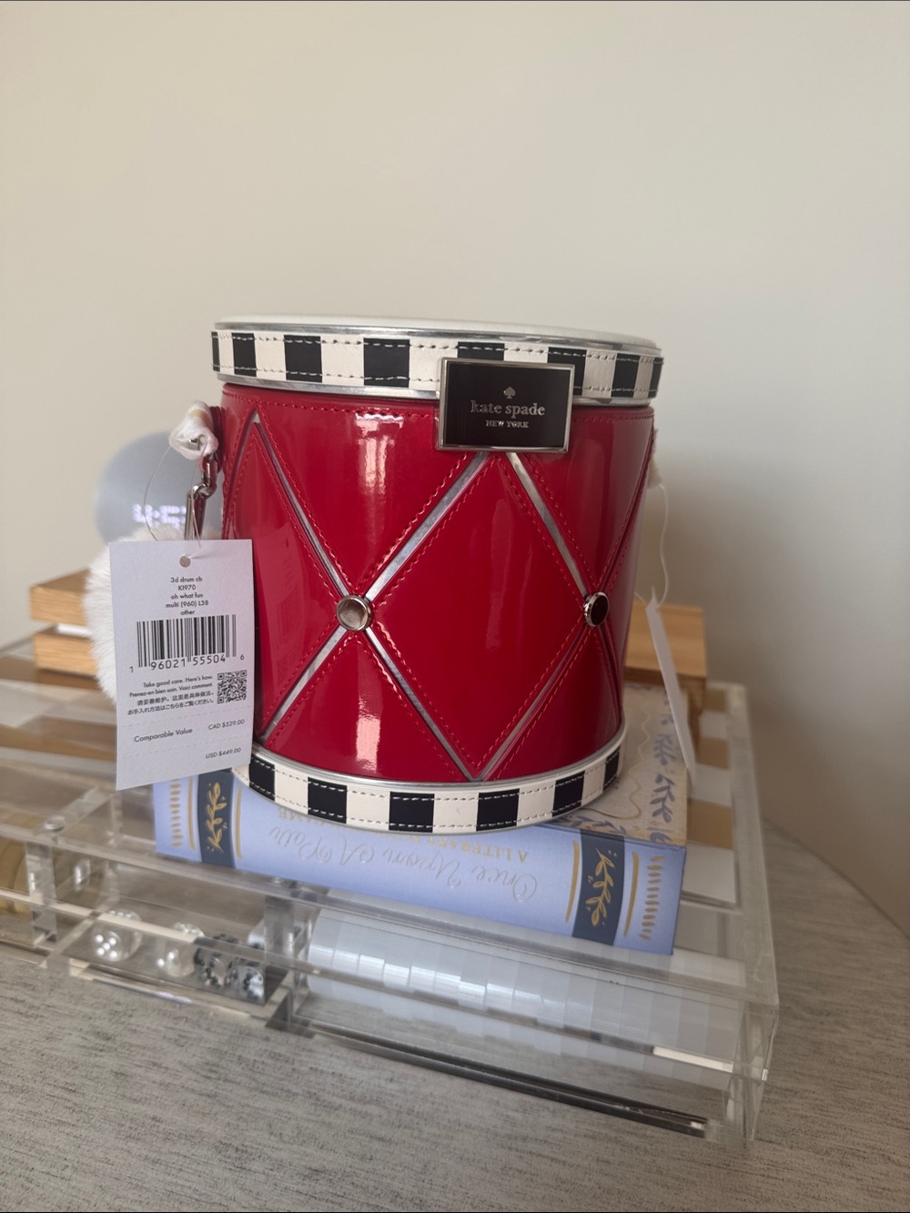 BNWT kate spade Red Quilted Drum Handbag with Black-and-White Trim